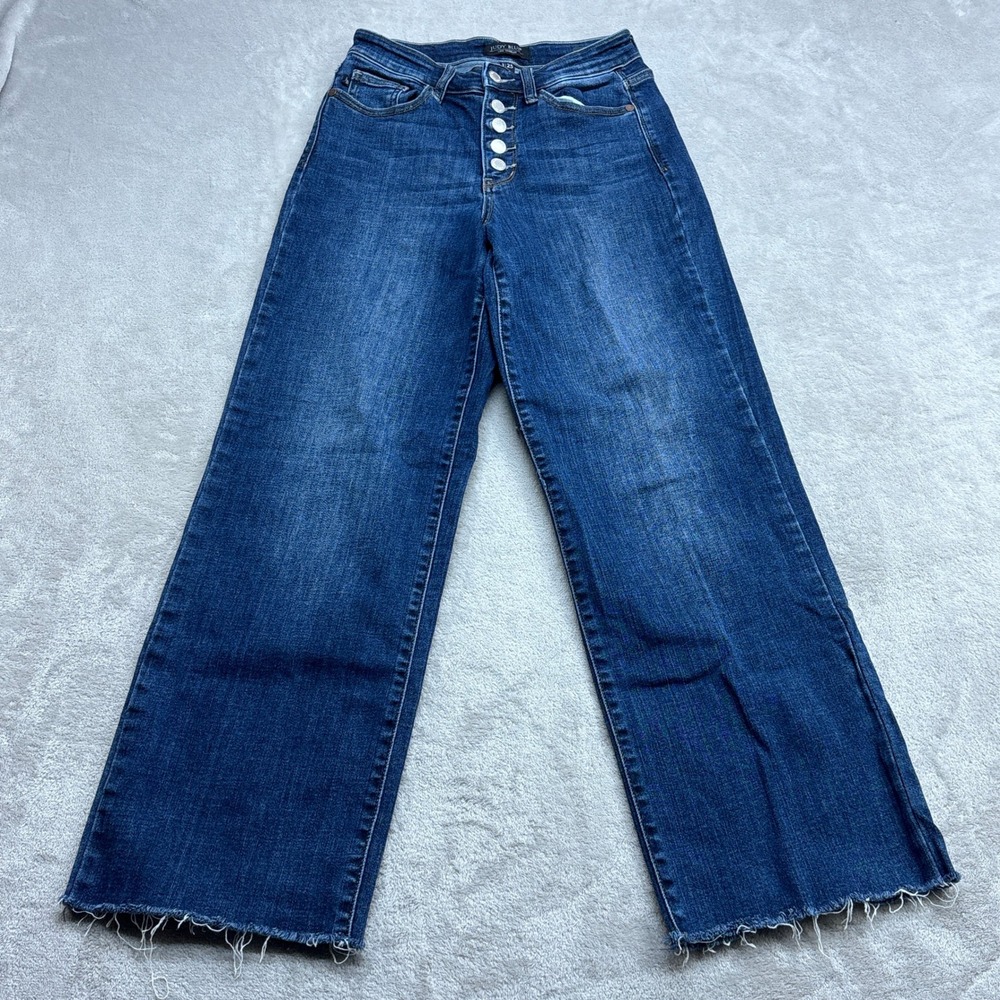 Judy Blue Wide Leg Jeans Womens 25 Dark Wash Button Fly Raw Hem Retro Boho Denim